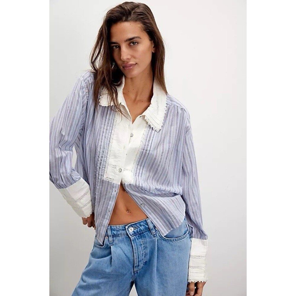 Free People Forever Love Striped Lace Top Romantic Peasant Victorian Size S